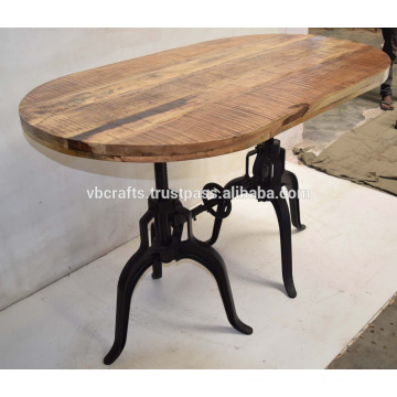 Indusrial Dual Crank Base Dining Table Rough Mango Wood Oval Top